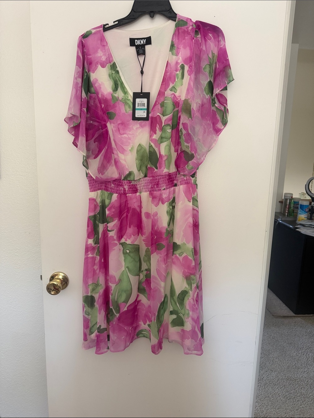 DKNY Pink Floral V-Neck Chiffon Dress